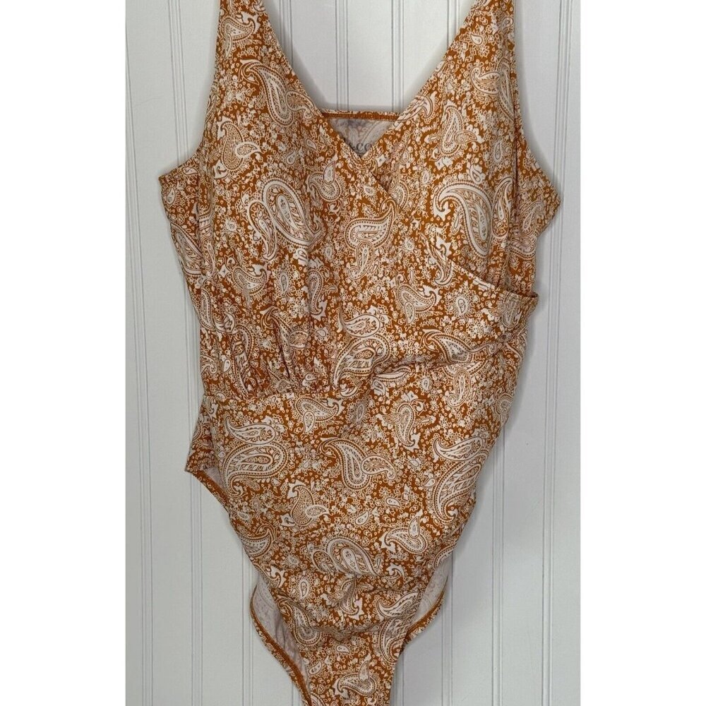 D & Co. Beach Womens 22W Orange Paisley Ruched Faux Wrap Adjust Strap Sw…